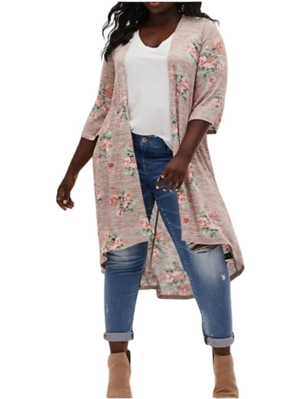 Torrid Floral Duster Cardigan Mauve Pink Rose High Low Open Front Plus Size 5X